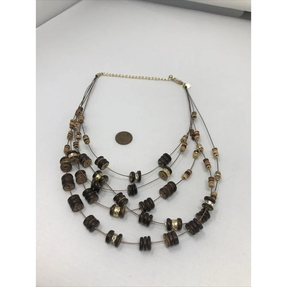 CHICO'S Necklace Brown Gold Tone  Multi Strand Floating Beads Earth Natural Tone